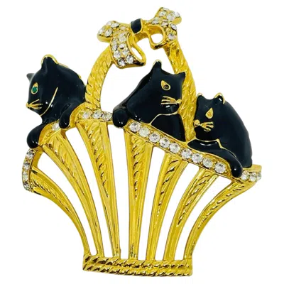 Pre-owned Trifari Signed Vintage Gold Tone Rhinestone Enamel Cat Basket Designer Brooch In Multi