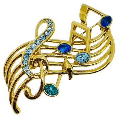 Pre-owned Trifari Signed Vintage Gold Tone Rhinestone Musical Notes Designer Brooch In Multi