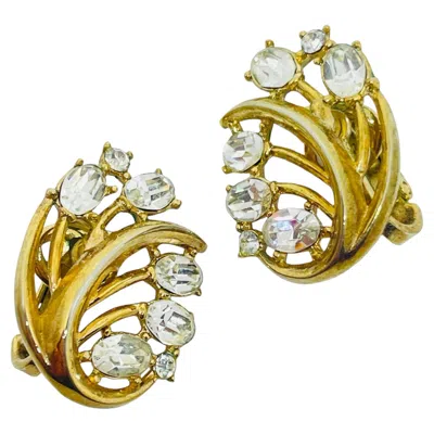 Pre-owned Trifari Signed Vintage Gold Tone Rhinestones Leaf Designer Clip On Earrings In Multi