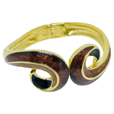 Pre-owned Trifari Signed Vintage Gold Tone Swirl Enamel Designer Clamper Bracelet In Multi