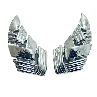 Pre-owned Trifari Signed Vintage Silver Tone Leaf Designer Clip On Earrings In Multi