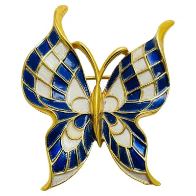 Pre-owned Trifari Teifari Crown Signed Gold Enamel Butterfly Designer Brooch In Multi