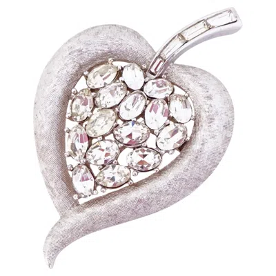 Pre-owned Trifari Textured Silver Leaf Brooch With Crystals By Crown , 1950s In Multi