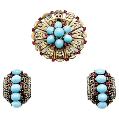 Pre-owned Trifari Vintage Crown  Cabochon Turquoise Brooch And Earrings 1940s In Multi