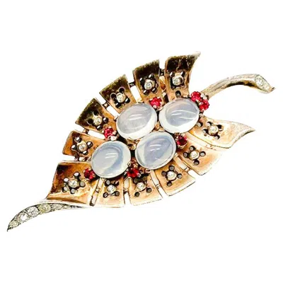 Pre-owned Trifari Vintage Crown  Moonstone Leaf Brooch 1940s In Multi