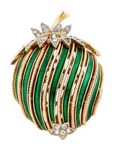 Pre-owned Trifari Vintage Crystal & Enamel Berry Brooch Pin In Clear/green