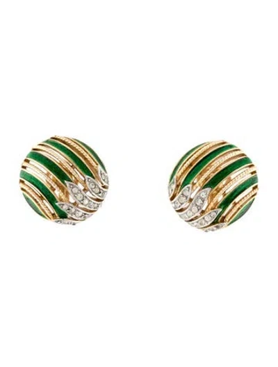 Pre-owned Trifari Vintage Crystal & Enamel Clip-on Earrings In Clear/green