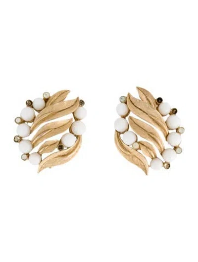 Pre-owned Trifari Vintage Crystal Beaded Clip-on Earrings In White