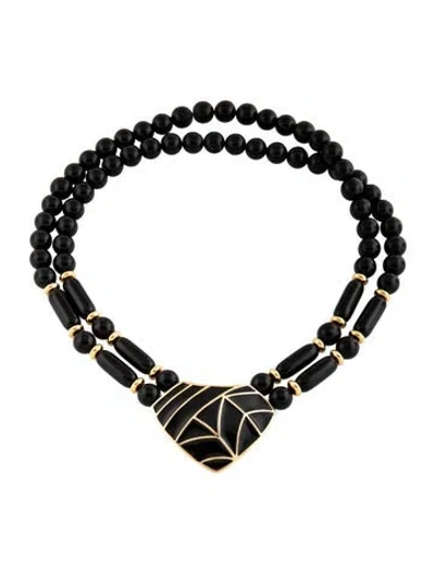 Pre-owned Trifari Vintage Enamel & Beaded Double Strand Necklace, 17" In Black