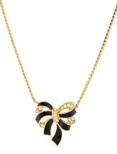 Pre-owned Trifari Vintage Enamel & Crystal Bow Pendant Necklace, 17" In Black