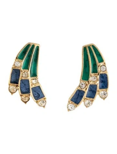 Pre-owned Trifari Vintage Enamel & Crystal Wings Drop Earrings In Blue/clear/green