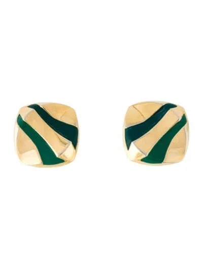 Pre-owned Trifari Vintage Enamel Squared Stud Clip-on Earrings In Green