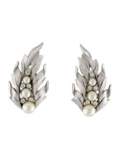 Pre-owned Trifari Vintage Faux Pearl & Crystal Clip-on Earrings In Clear/white