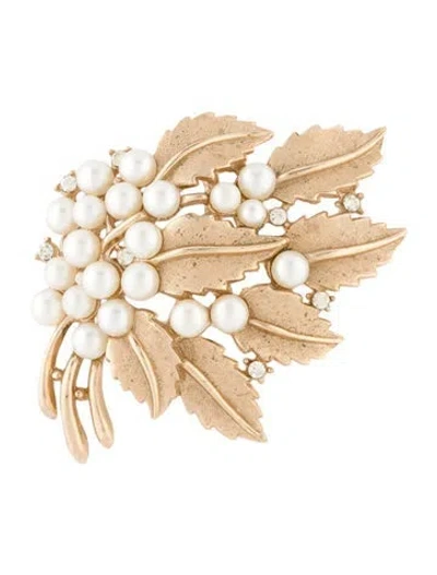 Pre-owned Trifari Vintage Faux Pearl & Crystal Leaf Pin Brooch In White