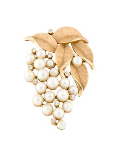 Pre-owned Trifari Vintage Faux Pearl & Crystal Leaf Pin Brooch In White
