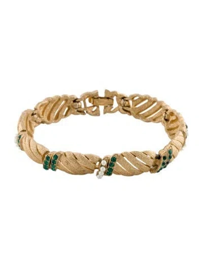 Pre-owned Trifari Vintage Faux Pearl & Crystal Link Bracelet, 7" In Green