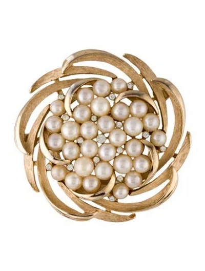 Pre-owned Trifari Vintage Faux Pearl & Crystal Pin Brooch In White