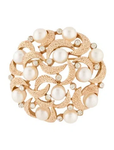 Pre-owned Trifari Vintage Faux Pearl & Crystal Pin Brooch In White