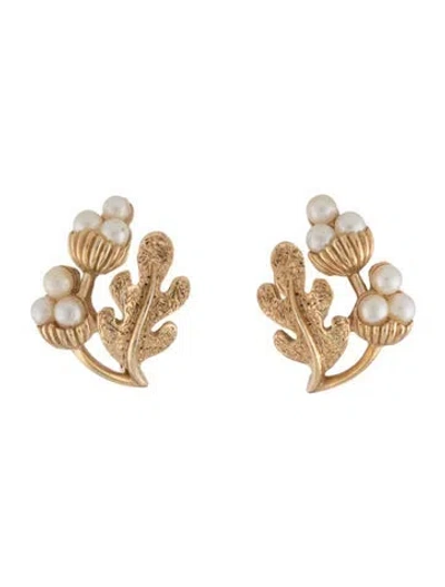 Pre-owned Trifari Vintage Faux Pearl Botanical Clip-on Earrings In White
