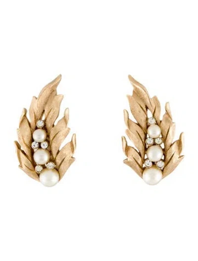 Pre-owned Trifari Vintage Faux Pearl Leaf Clip-on Earring In Multicolor