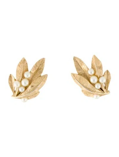 Pre-owned Trifari Vintage Faux Pearl Leaf Clip-on Earrings In White