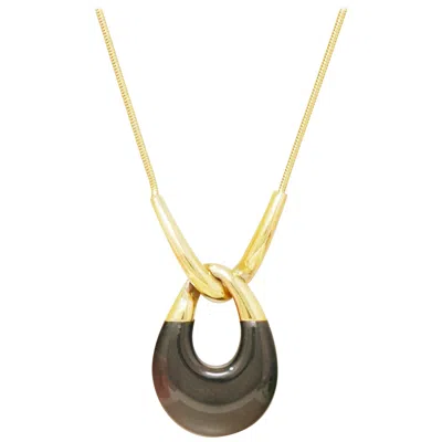 Pre-owned Trifari Vintage Gilt & Black Resin Mod Teardrop Pendant Necklace By Crown , 1960s