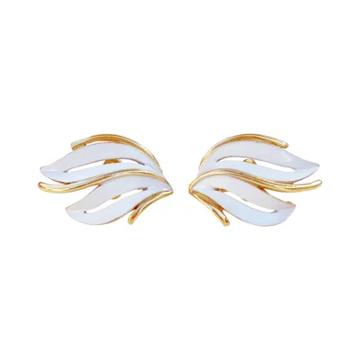 Pre-owned Trifari Vintage Gilt & White Enamel Abstract Leaf Earrings By Crown , 1960s