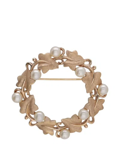Pre-owned Trifari Vintage Leaf Faux-pearl Brooch In Gold