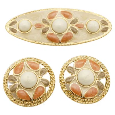 Pre-owned Trifari Vintage Rare Gold Baroque Orange Enamel Flower White Pearl Openwork Set