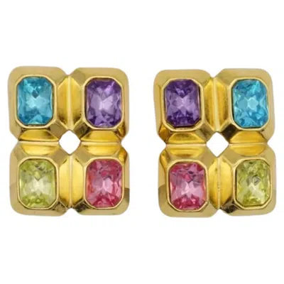 Pre-owned Trifari Vintage Rare Gold Pink Purple Blue Yellow Crystals Rectangle Earrings