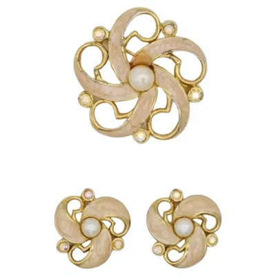 Pre-owned Trifari Vintage Rare Gold White Pearls Aurora Pink Orange Crystals Swirl Set