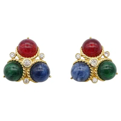 Pre-owned Trifari Vintage Rare Ruby Sapphire Emerald Crystals Cabochon Triangle Earrings In Green
