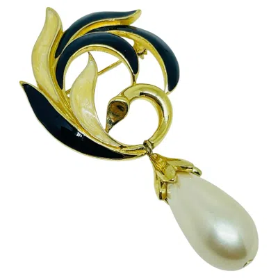 Pre-owned Trifari Vintage Signed Gold Tone Enamel Dangle Faux Pearl Designer Brooch In Multi