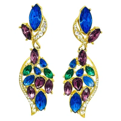 Pre-owned Trifari Vintage Signed Gold Tone Sapphire Rhinestones Designer Clip Earrings In Blue