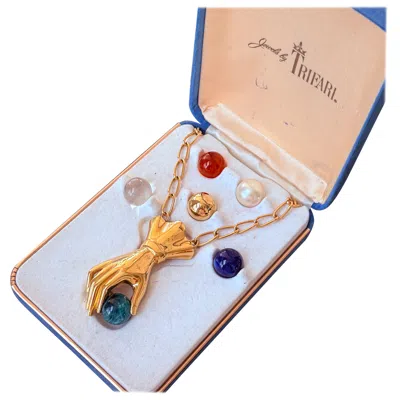 Pre-owned Trifari Vintage Signed  Hand Fist Pendant Necklace With Changeable Stones In Multi