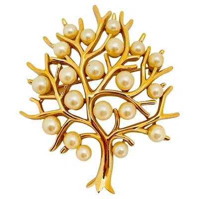 Pre-owned Trifari Vintage  Crown Signed Gold Pearl Tree Designer Brooch In Multi