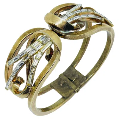 Pre-owned Trifari Vintage  Crown Signed Gold Plated Baguette Rhinestones Clamper Bracelet In Multi