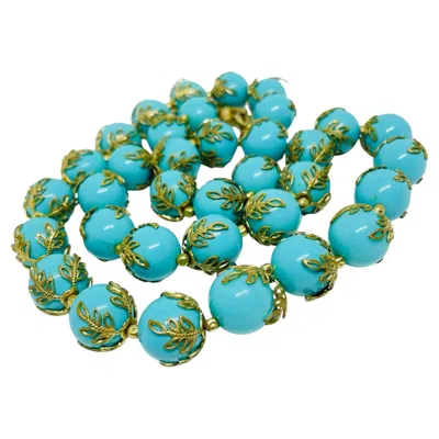 Pre-owned Trifari Vintage  Crown Signed Gold Tone Faux Turquoise Beaded Designer Necklace In Multi