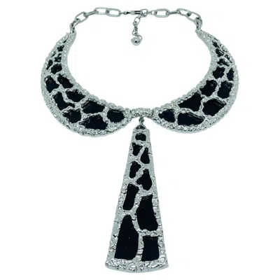 Pre-owned Trifari Vintage  Crown Silver Tone Black Modernist Brutalist Designer Necklace