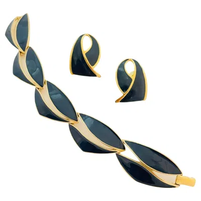 Pre-owned Trifari Vintage  Gold Enamel Designer Runway Bracelet Earrings Set In Multi