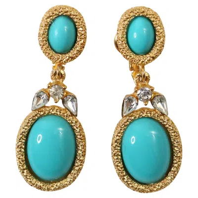Pre-owned Trifari Vintage  Gold Tone Faux Turquoise Drop Earrings, Circa 1980s In Multi