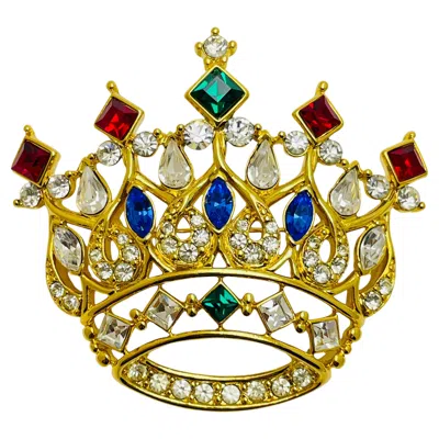 Pre-owned Trifari Vintage  Signed Gold Tone Crown Royal Jewel Rhinestone Designer Brooch In Multi