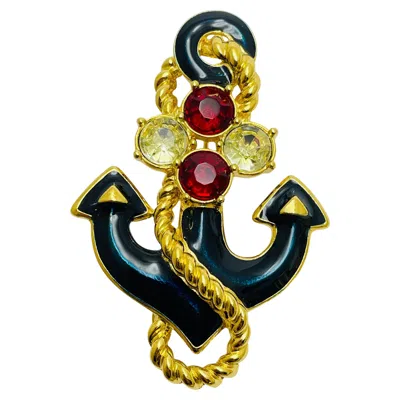 Pre-owned Trifari Vintage  Signed Gold Tone Rhinestone Enamel Anchor Designer Brooch In Multi