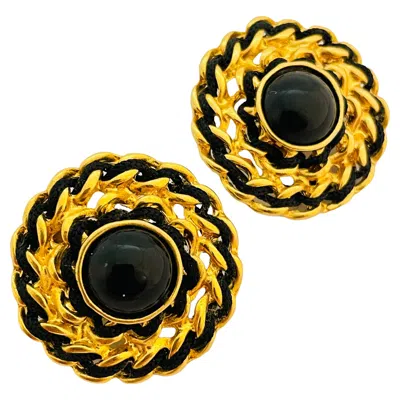 Pre-owned Trifari Vintage  Tm Gold Black Chain Designer Runway Clip On Earrings