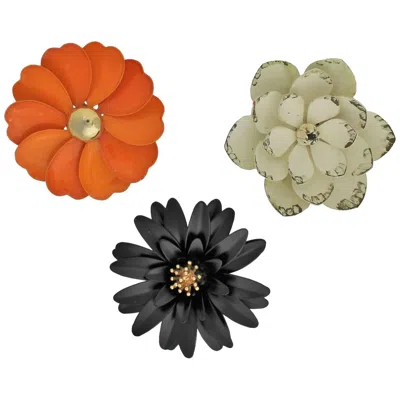 Pre-owned Trifari Vintage Trio 1960s Black White Orange Enamel Flower Brooches One Crown