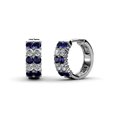 Pre-owned Trijewels 2.00 Blue Sapphire & Diamond Double Row Hoop Earrings 0.62 Ctw 14k Gold Jp:69951 In G - H