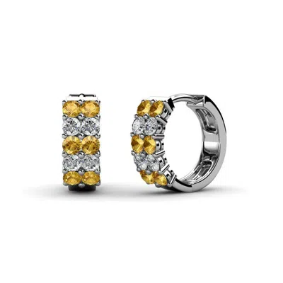 Pre-owned Trijewels 2.00 Mm Citrine And Diamond Double Row Hoop Earrings 0.50 Ctw 14k Gold Jp:69927 In G-h