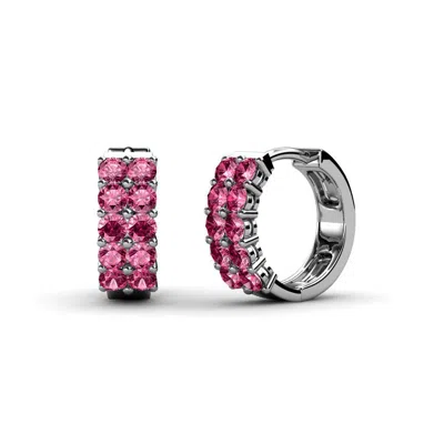 Pre-owned Trijewels 2.00 Mm Petite Pink Tourmaline 1/2ctw Double Row Hoop Earrings 14k Gold Jp:69829