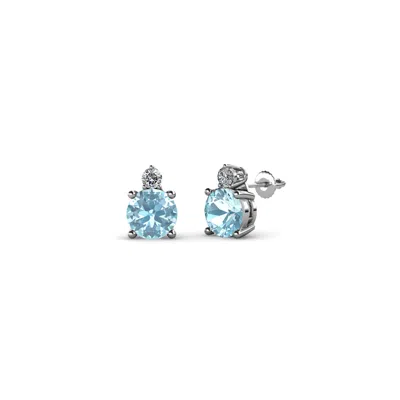 Pre-owned Trijewels Aquamarine & Diamond Two Stone Stud Earrings 3/4 Ctw 14k Gold Jp:68994 In G-h