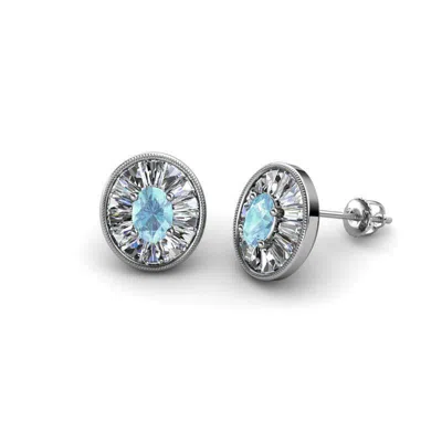 Pre-owned Trijewels Aquamarine Diamond 1 Ctw Womens Halo Stud Earrings 14k Gold Jp:239207 In Blue